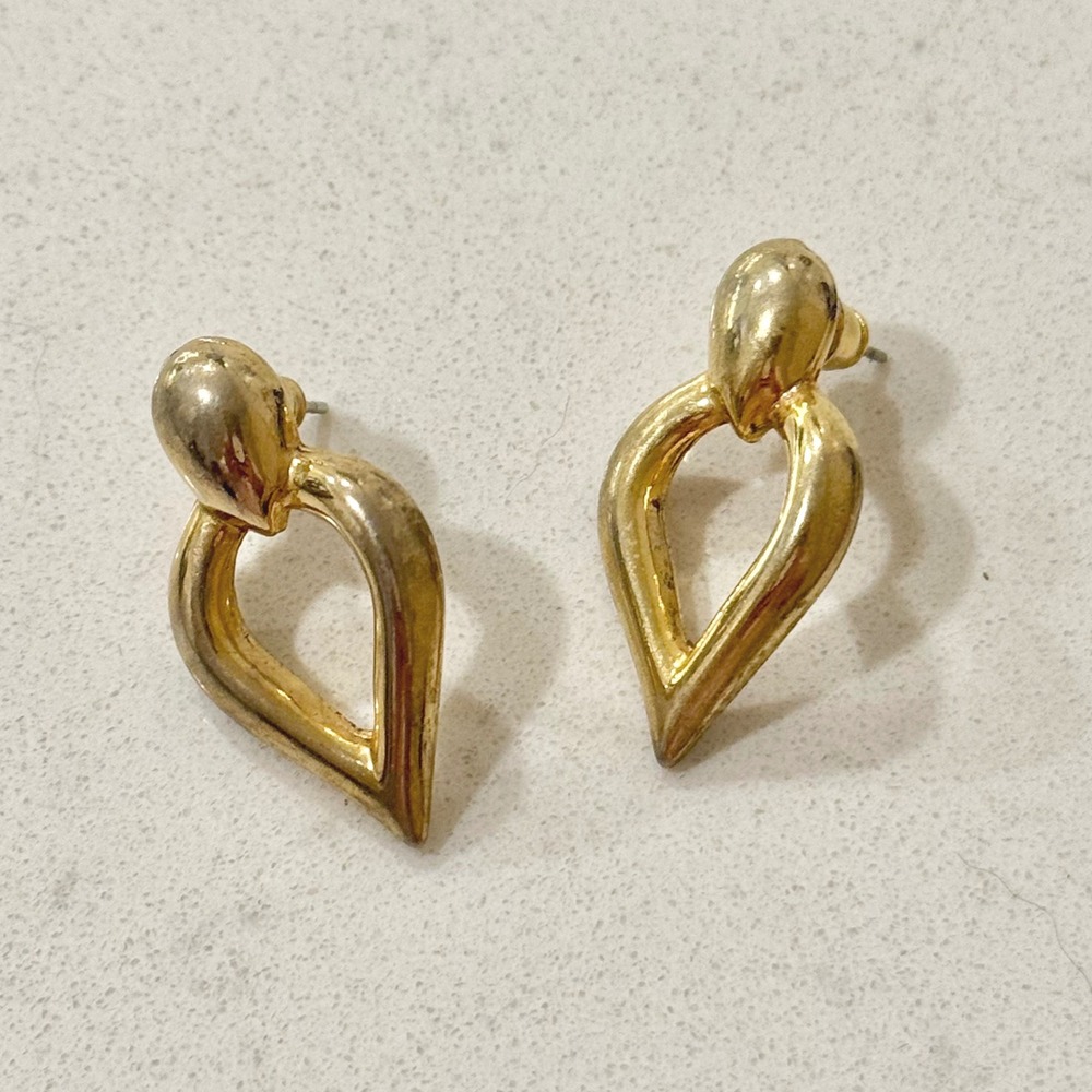 Vintage Gold Tone Door Knocker Statement‎ Earrings Retro 80s Teardrop Studs